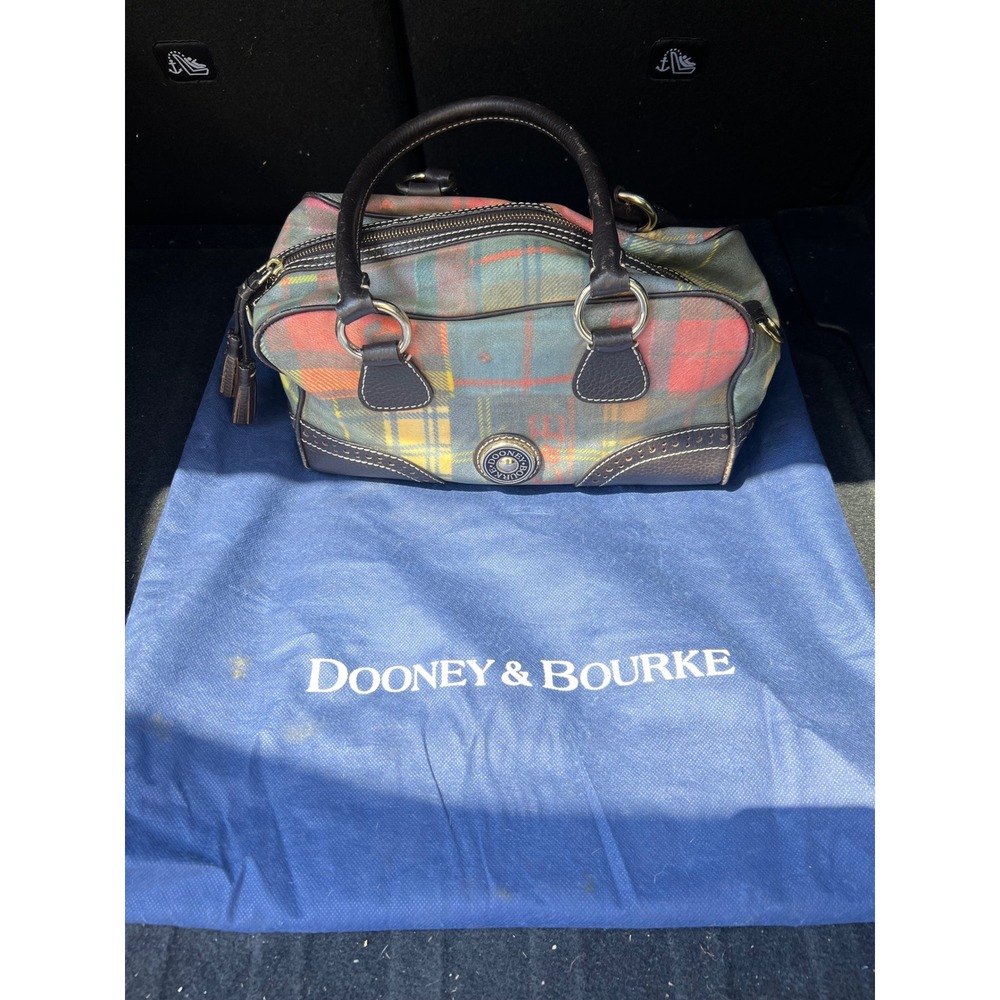 Dooney & Bourke Plaid Coated Canvas Satchel‎ Bag Brown Leather Trim Multi-Color